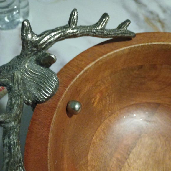 Rustic  Pewter Stag Head Handles Wooden Salad Bowl Western Hunting decor - Picture 15 of 15